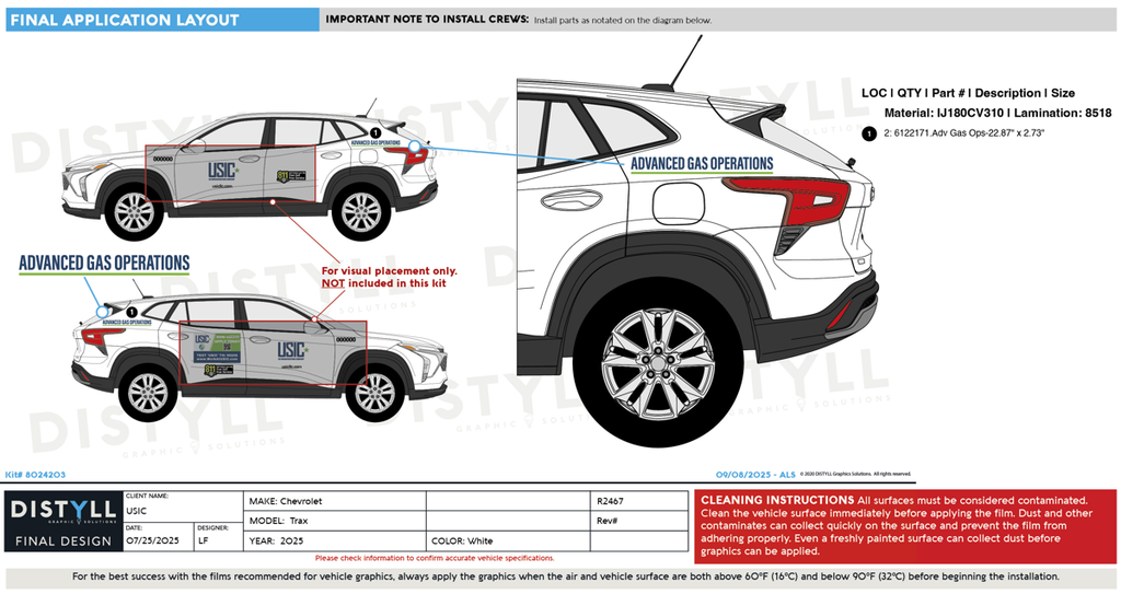 USIC, Chevrolet, Trax, Advanced Gas Only Decals,  106WB, 2025_R2467