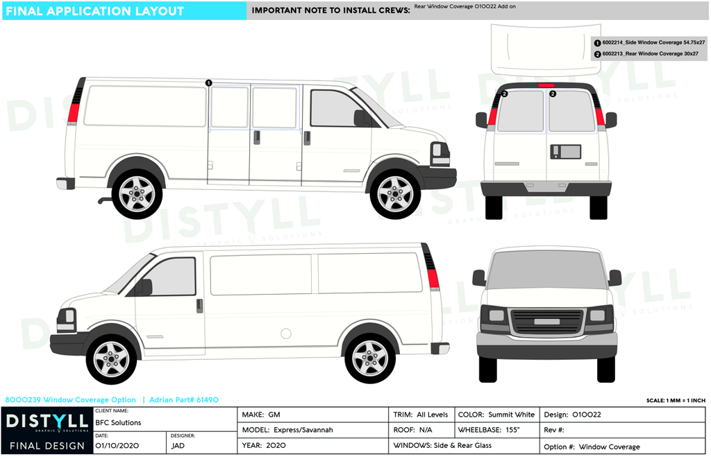 BFC Solutions, GM Express Savanah, 155, 60 40 Split, Rear Glass, Kit