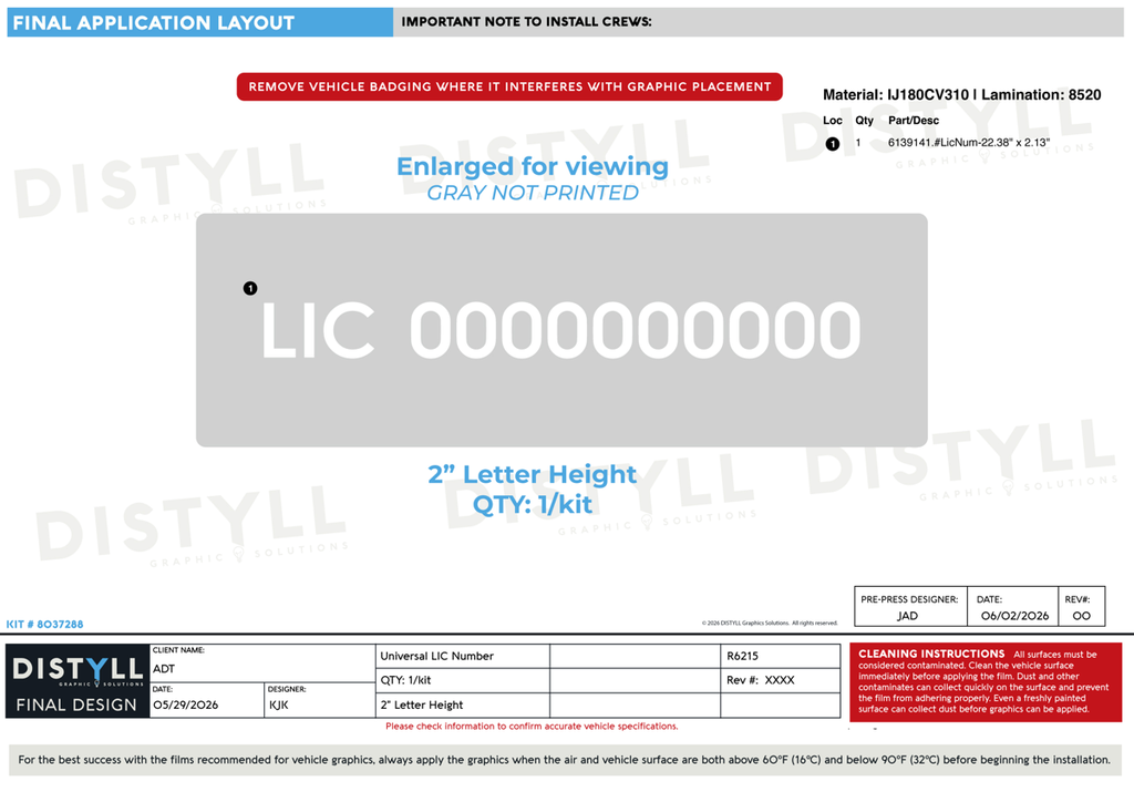 ADT, Universal License Number, 2in Letter Height