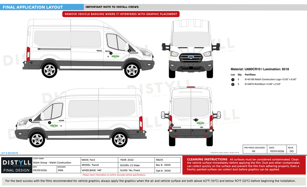 Walsh Group, Walsh Construction, Ford, Transit, HR, 148WB, CS Slider, Fixed Glass, 2022