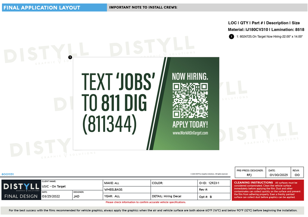 USIC, On Target, Now Hiring Decal, 22 x 14