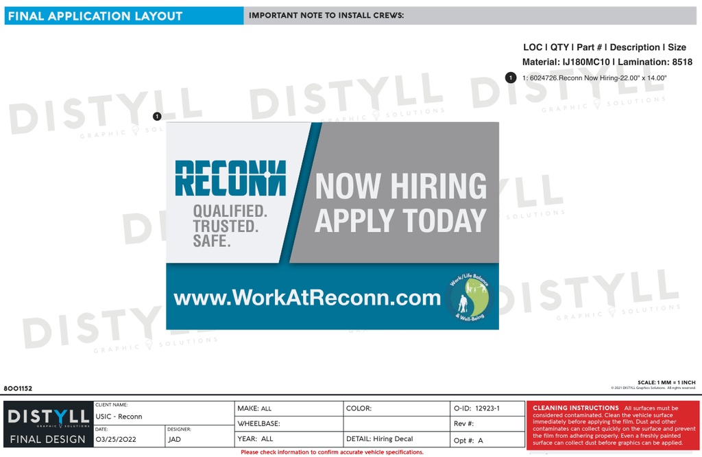 USIC, Reconn, Now Hiring Decal, 22 x 14